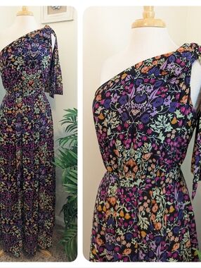 Eva Mendes | New York & Company Floral One Shoulder Slit Formal Maxi Dress M